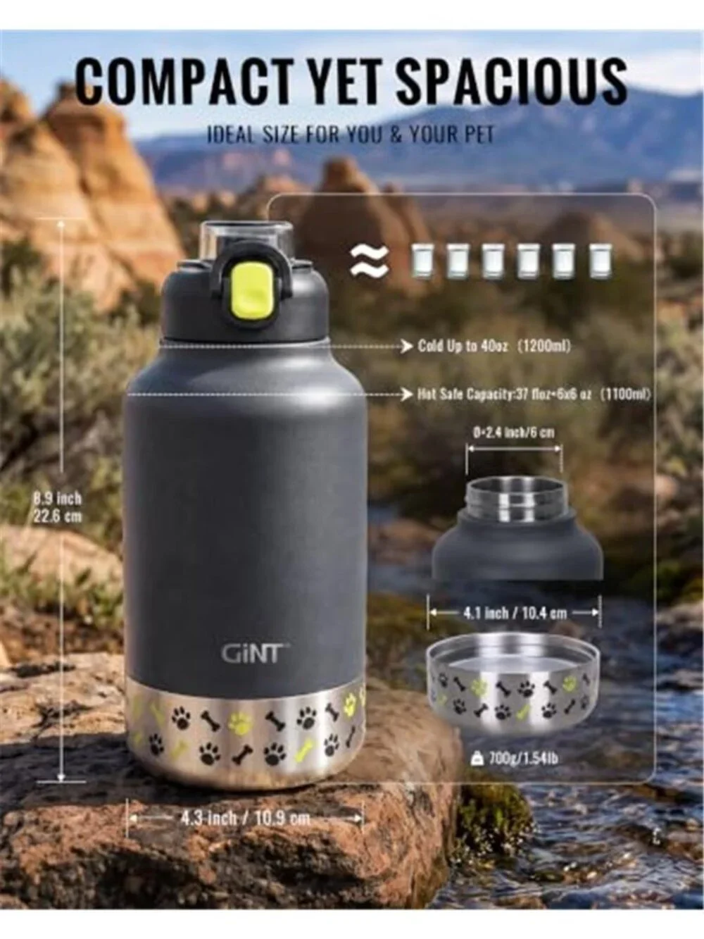 37oz / 1.1L Insulated Dog Water Bottle with Carrying Case, Dark Gray